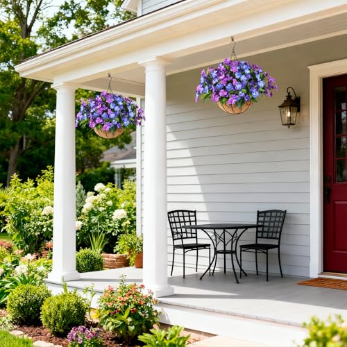 Hommyea Artificial Fake Flowers for Outdoor, 6 Bundles UV Resistant Faux Plants Decoration Silk Flowers No Fade Plastic Flowers for Outside Planters Home Porch Patio Yard Garden Decor - color: Double Purple,dark&light Blue