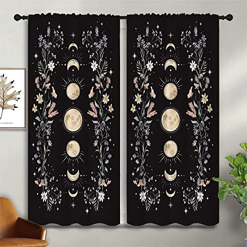 Boho Yellow Floral Wildflower Rod Pocket Blackout Curtains for Teen Bedroom,Moon Phase Moonlit Garden Witchy Gothic Aesthetic Thermal Insulated Home Window Drapes for Living Room Darkening,42x45in - color: Boho Yellow Floral Wildflower-006, size: 42"W x 4