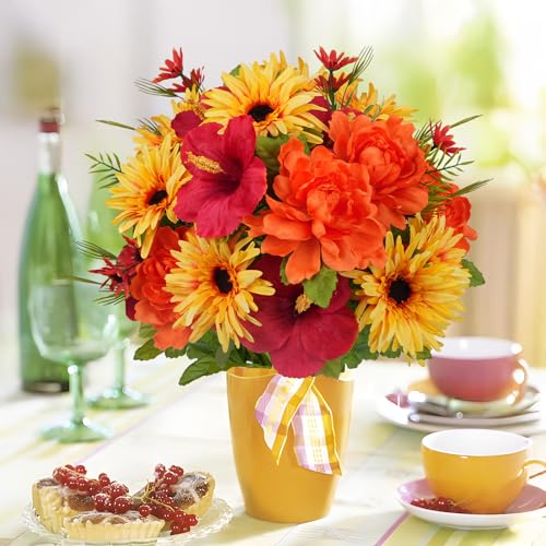 Cemetery Flowers for Grave Artificial Flowers for Cemetery 2 Bundles Faux Sunflowers Bouquet Orange Silk Floral Arrangements for Headstones Gravesite Vase Outdoor Porch Table Centerpieces Decor