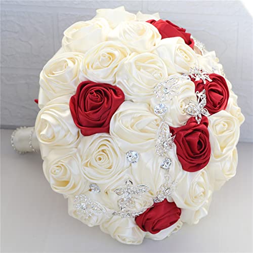 5.9" Mini Bridal Bouquet Handmade Satin Rose Round Wedding Bouquet Throw Toss Artificial Flower Bunch Ivory + Dark Red - color: W363 Ivory/Dark Red, size: 5.9"/15cm