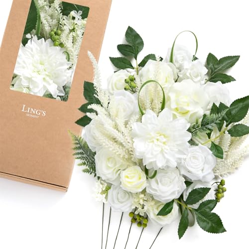 Ling's moment Fake Flowers Box, Artificial Faux Greenery Stems Silk Dahlias Foam Roses for Wedding Bouquets Centerpieces Decorations Backyard Floral Arrangement, White & Olive Green, Deluxe Combo - color: Wht-white & Olive Green, size: Deluxe