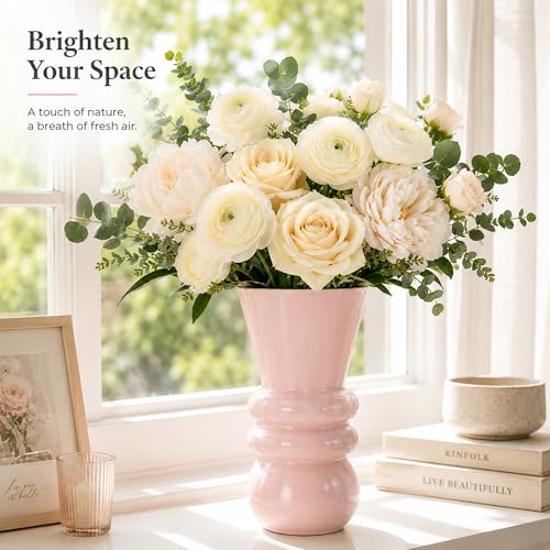 Pink Glass Vase for Flowers, Modern Decorative Flower Vase, Table Centerpiece for Dining Room, Living Room, Office Desk and Home Decor, Floral Arrangement Vase, 9.84 Inch - color: Transparent