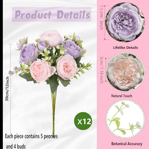 12 Bundles Peonies Artificial Flowers Bouquet, Lifelike Silk Fake Peonies with Stems for Home Table Centerpieces, Wedding, Party & DIY Bridal Floral Arrangements（Light Purple） - color: Light Purple
