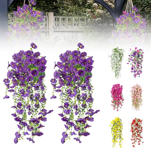 Artificial Flowers for Outdoors Fake Morning Glory Hanging Flower Decoration, 2 Pcs Realistic Faux Plants Petunias Trailing Vines, Spring Summer Decor for Porch Patio Balcony Planter Yard(Purple) - color: Purple, size: 2 Pcs