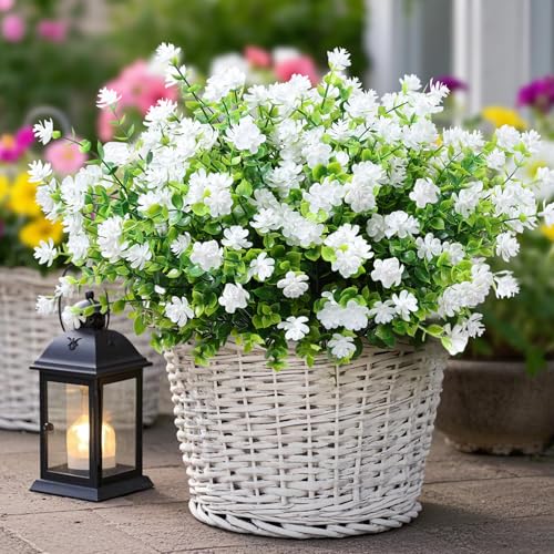 12 Pack Artificial Flowers & Plants for Outdoor Decor - Faux Eucalyptus & Lavender Greenery Shrubs - Fake Plants for Garden, Porch, Patio, Cemetery - Spring & Autumn Home Decoration - color: White