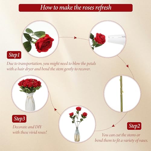 Hotop 20 Pcs Artificial Rose Flowers with Long Stem,Real Lifelike Silk Realistic Plastic Bouquet Roses Bulk for Home Decor Bridal Wedding Party Table Centerpieces Decorations(Red) - color: Red