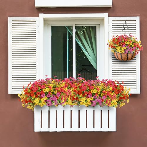 Sggvecsy Artificial Flowers for Outdoors 12 Bundles Realistic Faux Plants UV Resistant Fake Silk Daisy with Eucalyptus for Boxwood Planter Patio Porch Outside Spring Summer Decoration(Mixed 4 Color) - color: Mixed 4 Colors