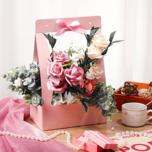 Teling 12 Pcs Flower Boxes for Arrangements Paper Pink Flower Gift Bags for Bouquets Portable Waterproof Floral Box with Handle for Wedding Floral Bar Party Decor Florist Supplies - color: Pink