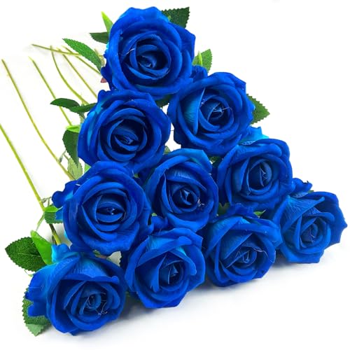 10 PCS Artificial Roses with Long Stems Silk Flowers Realistic Foam Flowers Fake Roses for Valentine's Day Home Wedding Halloween Decor(Blue) - color: Blue