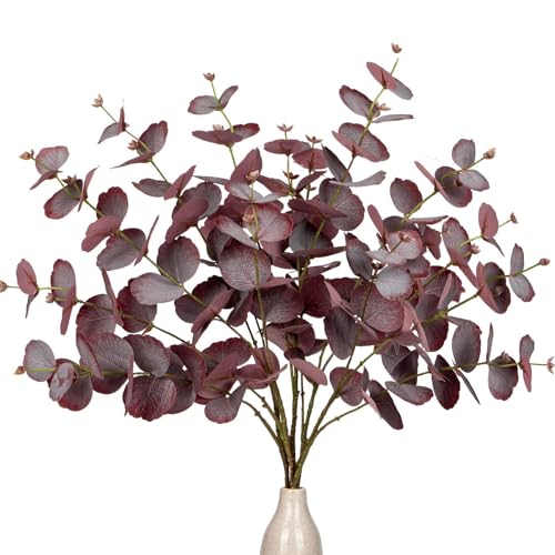 GnFlus 5 Pcs Artificial Burgundy Eucalyptus Stems Fall Fake Leaves Plants Tall 30" Red Silk Eucalyptus Stems Branches Fall Floral Arrangement Decoration, Faux Plant Farmhouse Indoor Home Wedding Decor - color: Red