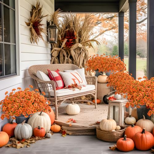 Krissing 48 Bundles Outdoor Artificial Flowers UV Resistant Fake Flowers Faux Plastic Flowers Plants Outside Garden Porch Window Box Fall Decor (Orange) - color: All Orange