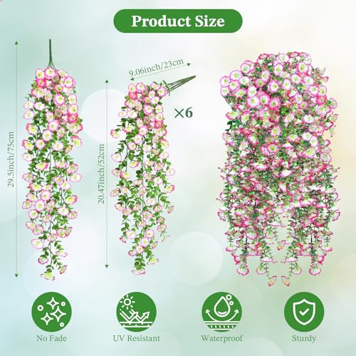 Artificial Flowers for Outdoors, 6-Pack 420 Blooms UV Resistant Hanging Morning Glory Silk Flowers Vines, Realistic Fake Plants Outside Decroation for Porch Patio Balcony Yard Garden (Light Pink) - color: Light Pink