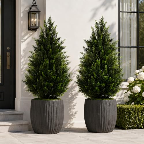 Artificial Topiary Cedar Trees 3FT Tall 2 Set, Outdoor Indoor Faux Pine Shrubs Plants, Realistic Fake Plants Front Porch Decor, Artificial Bushes Cypress for Home Front Door Offices - color: 2*pine Tree 3ft