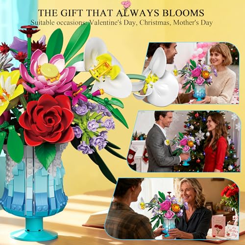 Mavo brix Flower Building Set with Vase, Artificial Botanical Flower Set for Adults Women, Home Décor Display, Romantic Gift for Christmas, Valentine’s Day, Compatible with Lego Flower, 956 PCS