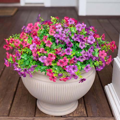 HyeFlora Artificial Flowers for Outdoor Indoor Garden Home Decoration, Faux Flower Daisy with Eucalyptus Leaves Fake Plants Greenery Boxwood Porch Patio, 12 Bundles (Purple Pink) - color: Purple Pink