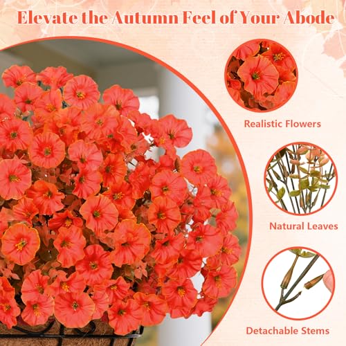 Yastouay 2 Pack Artificial Fall Hanging Baskets for Outdoors, Fake Hanging Plants Faux Petunias Flowers, Realistic UV Resistant Fall Flowers for Outdoors Porch Garden Patio Decor - color: Orange, size: 24 Bundles