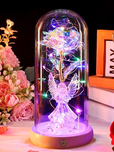 Gifts for Mom Birthday Gifts for Women Angel Rose USB Rechargeable Light Up Flowers in Glass Dome, Angel Figurine Anniversary Preserved Flowers Gifts for Mom Women Wife Grandma Her - color: New-angel