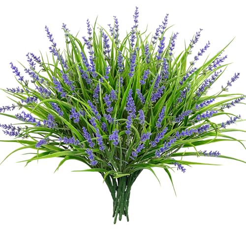 24 Bundles Artificial Plants Flowers Outdoor, Faux Lavender Flowers Fake Monkey Grass UV Resistant Plastic Plant for Porch Garden Patio Window Home Decor, Purple - color: Purple