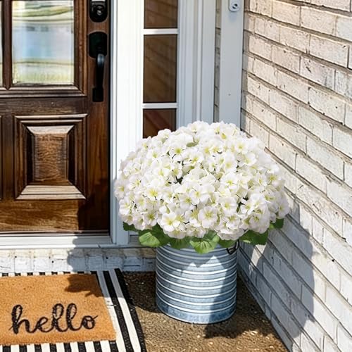 12Pcs Geraniums Artificial Flowers Realistic Outdoor 15" White Silk Geraniums for Outdoors UV Resistant Look Real Fake Flowers for Planters Garden Porch Patio Balcony Cemetery Table Decor - color: White-12pcs