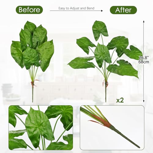 Hollyone 2PCS Artificial Calla Lily Leaves Plants 26.8" Fake Tropical Alocasia Bush Tree Large Faux Greenery Stem Shrubs for Indoor Outdoor Home Garden Arrangement Jungle Safari Wedding Party Decor - color: Alocasia, size: Bushes