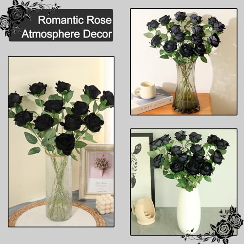 12Pcs Black Roses Artificial Flowers Fake Roses Faux Velvet Silk Flower for Home Wedding Decoration (Pearl Rose, Black) - color: Pearl Roses - Black 12p