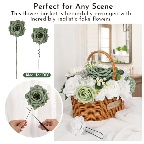 Artificial Flowers Combo Box Set Fake Flowers Dahlia White Roses Green Leaf with Stems for DIY Wedding Bouquets Baby Shower Party Home Decoration - color: Classic White