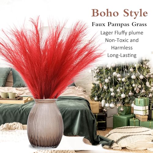 Burgundy Pampas Grass Small, 30 Pcs 17" Faux Pampas Grass Short Decor, Pompas Grass Flower Arrangement and Vase Filler for Boho Home Wedding Decoration - color: Burgundy, size: 17'' Tall