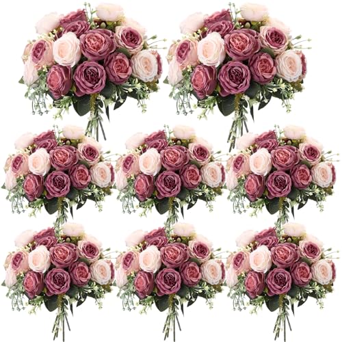 Geosar 8 Bundles Artificial Peonies Flowers Fake Silk Peony Bouquet Faux Peonies Flowers Bulk for Decoration Vase Floral Arrangements Wedding Party Table (Dusty Pink,Dusty Rose) - color: Dusty Pink, Dusty Rose