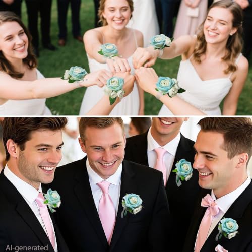Wrist Corsage and Boutonniere Set, Artificial Rose Corsage Wristlet and Boutonniere for Wedding Prom Party (Blue, 2 Boutonniere&2 Wrist Corsage) - color: Blue, 2 Boutonniere&2 Wrist Corsage