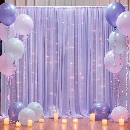 10ft x 8ft Purple Backdrop Curtain with Lights String for Parties, Sheer Tulle Wedding Photo Backdrops Drapes for Baby Shower Birthday Party Decorations Background for Photography - color: Purple, size: W5' x H8'(2 panels)