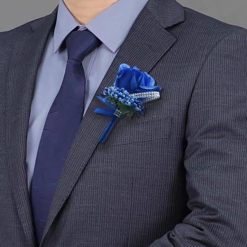 Boutonniere for Wedding Groom 2pcs Royal Blue Rose Groomsmen Best Man Father Suit Lapel Flower Button Hole Artificial Flower with Gold Ornament for Prom Homecoming, Tea Party, Formal Dinner - color: Royal Blue Boutonnirere