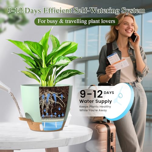 Self Watering Pots with Drainage Holes, 2 Pack 10 Inch Plant Pots with Water Level Indicator Deep Reservoir, Large Plastic Planter for Indoor Outdoor Plants - Green - color: Green Brown, size: 10 Inch 2 Pack