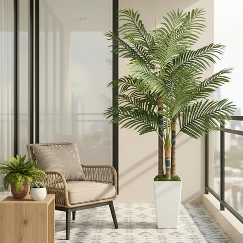 6ft Artificial Palm Tree Indoor Plant，Triple Faux Tropical Areca Floor Plant in Pot，Artificial Plants with Lifelike Leaves for Home Office Decor - color: White, size: 6ft