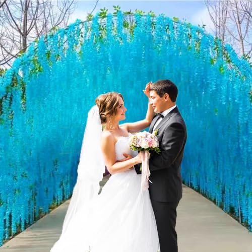WEISPARK Wisteria Hanging Flowers - 12 Pieces 3.75 Feet/Piece Artificial Wisteria Vine Fake Ratta Hanging Garland Silk Flowers for Home Party Wedding Decor - color: Blue
