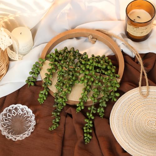 Floweroyal 2pcs Artificial Succulents Hanging Plants 20.1'' Fake String of Pearls in Pot with 9.4'' Lanyard for Indoor Outdoor Wall Decor（Wood Color） - color: Wood Color-large-2pcs