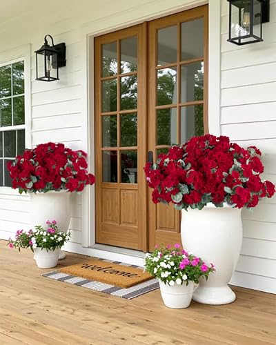 DuHouse Artificial Flowers for Outdoor Indoor Garden Home Decoration 6 Bundles Artificial Geranium Flowers for Outdoors UV Resistant Faux Flowers for Kitchen Table Centerpieces Decor - color: Red