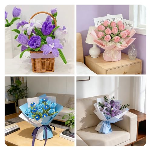 500PCS Pipe Cleaner Flower Kit,Bulk Pipe Cleaners Craft,Chenille Stems with Wrapping Paper for Mother's Day Graduation Birthday Wedding (Blue) - color: Blue