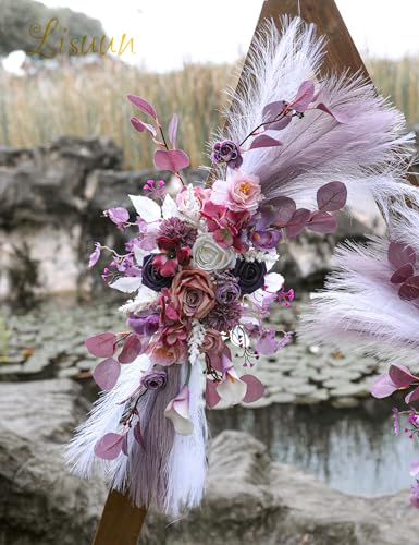 Lisuun Wedding Arch Flowers, Artificial Flowers for Decoration, Large Flower Swag for Boho Styles Wedding Ceremony Floral Decor - Pack of 2 - color: Purple&pampas White
