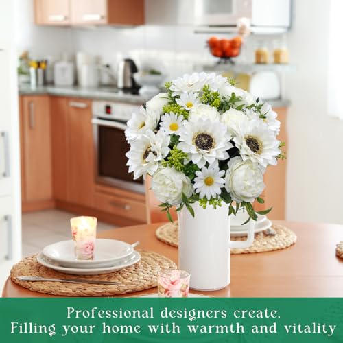 3 Pcs Fall Flowers Artificial Mums Silk Fake Mums Bouquet Faux Floral Arrangements Home Indoor Outdoor Planter Decor Party Wedding Table Autumn Decoration (White-A) - color: White-a