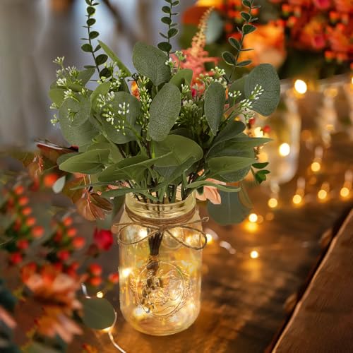 Lighted Mason Jar Centerpiece Set of 3 Eucalyptus Plant Decorative Jars Vase Farmhouse Table Decorations for Home Living Dining Room Wedding Christmas Thanksgiving Party - color: Jar-eucalyptus
