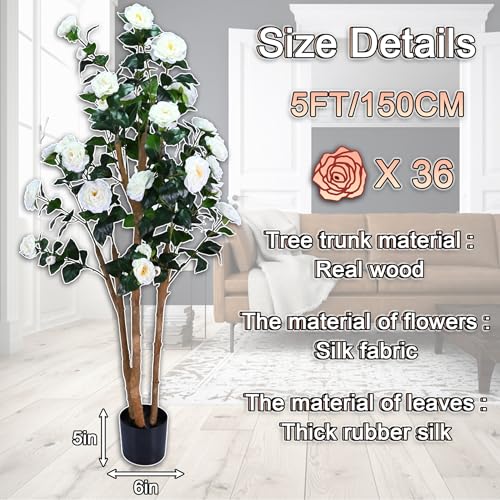 Lifelike Artificial Trees Camellia with Natural Wood Trunks, Evergreen Silk Faux Rose Trees with Silk Flowers, Home Decor Indoor for Living Room, Porch, Office（White，5FT*1） - color: White, size: 5ft