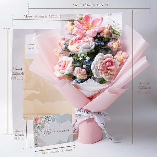 Crochet Flower Bouquet, Handmade Knitted Rose Faux Crochet Flowers for Home Decor Valentine’s Day Anniversary Weddings Birthdays Mother’s Day, Includes Gift Bag and Greeting Card (Rose) - color: Light Pink