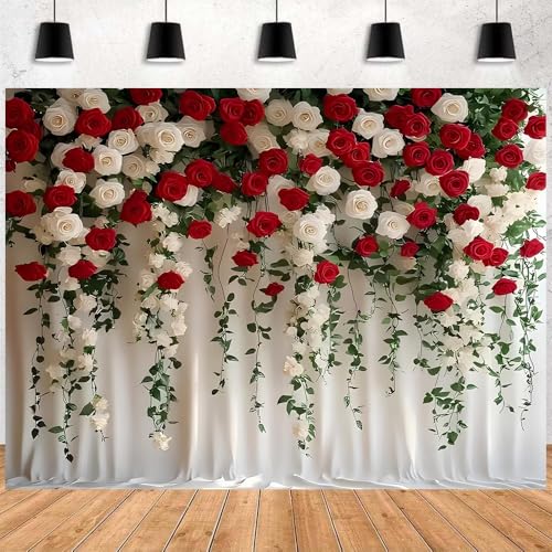 White and Red Rose Floral Theme Backdrops Rose Flowers Vine Leaves Photography Background Bridal Shower Wedding Reception Ceremony Portrait Photo Background (B, 8 * 6feet) - color: B, size: 8*6feet