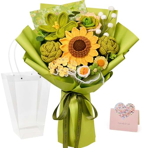Crochet Flower Bouquet, Crochet Sunflower Bouquet, Green Knitted Flowers for Graduation or Back-to-School Gifts, Mother's Day, Father's Day, Anniversary, Birthday, Valentines Day Gifts (Large-Green) - color: Large-green