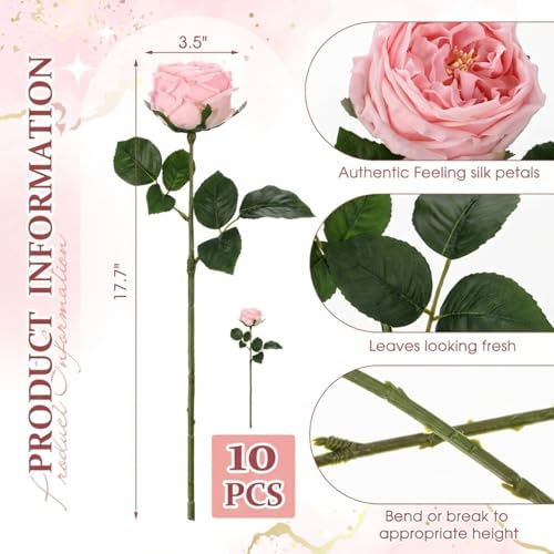 Daifunli 10pcs Real Lifelike Peonies Artificial Flowers, Faux Austin Rose with Long Stem Look Real Fake Flower for Christmas Valentines Arrangement Wedding Party Home Kitchen Decor(Pink) - color: Pink