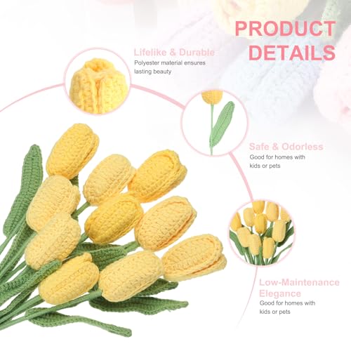 MECCANIXITY Tulip Crochet Flowers, Artificial Knitted Tulip Flower Completed Handmade Tulips Bouquet for Gift Home Birthday Wedding Decoration, Yellow Pack of 10 - color: Yellow