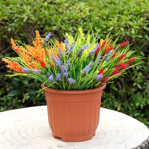 20 Bundles Artificial Plants Outdoor, UV Resistant Fake Flowers, Realistic Faux Lavender Shrubs for Porch Garden Window Box Home Decoration (Yellow Lightpurple Red Orange) - color: Yellow Lightpurple Red Orange
