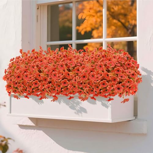 Artificial Mums for Outdoor Fall Decor Flowers, 12 Bundles Fall Decorations for Home Fake Mums Artificial Flowers, Fake Plants for Outdoor Planters UV Resistant for Porch Outside Yard - color: Orange Green, size: 12 Pcs