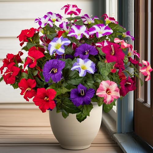 19 Inch Artificial Fake Flowers for Outdoor,4 Pcs Faux Silk Petunias Spring Flowers for Outside for Indoor Porch Planter Front Door Garden Patio Window Box Home Decor(Multiple Color) - color: Multiple Color