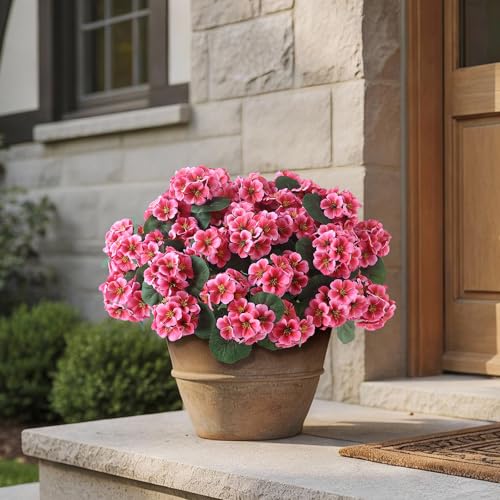GLIDLION 12 Bundles Artificial Geranium Flowers for Spring Summer Decor, UV-Resistant Fake Plants Realistic Faux Silk Bouquets for Front Door Farmhouse Garden Porch Home Outdoor Decor (Peach Pink) - color: Peach Pink